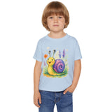 Cute Snail Toddler T-Shirt - Fun and Colorful Jersey Tee for Kids displayed on a hanger.