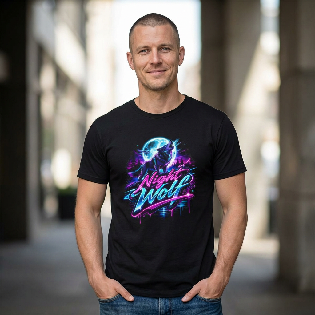 Night Wolf T-Shirt Retro Neon Wolf Graphic Tee