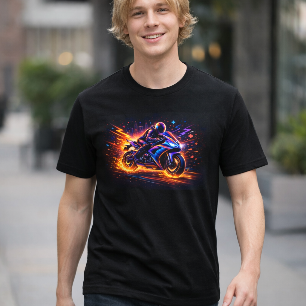 Motorcycle Flames T-Shirt Person wearing a black t-shirt with a colorful motorcycle graphic