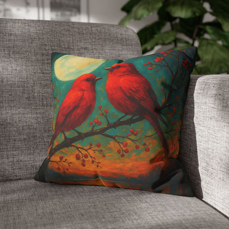 Cardinal Moon Decorative Pillowcase featuring vibrant red birds on a teal canvas, perfect for adding a pop of color to your home decor.