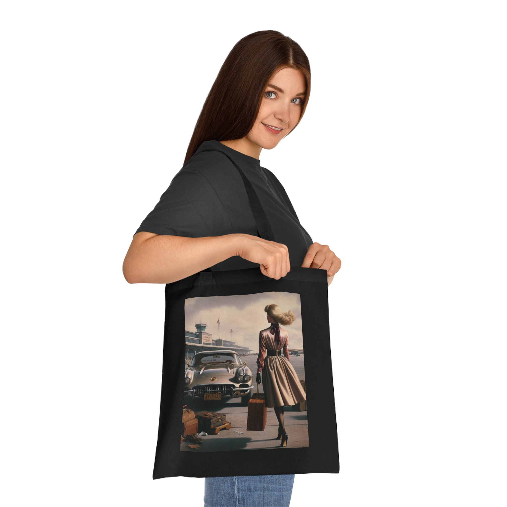 Vintage Travel Cotton Tote Bag being used for shopping, showcasing style.
