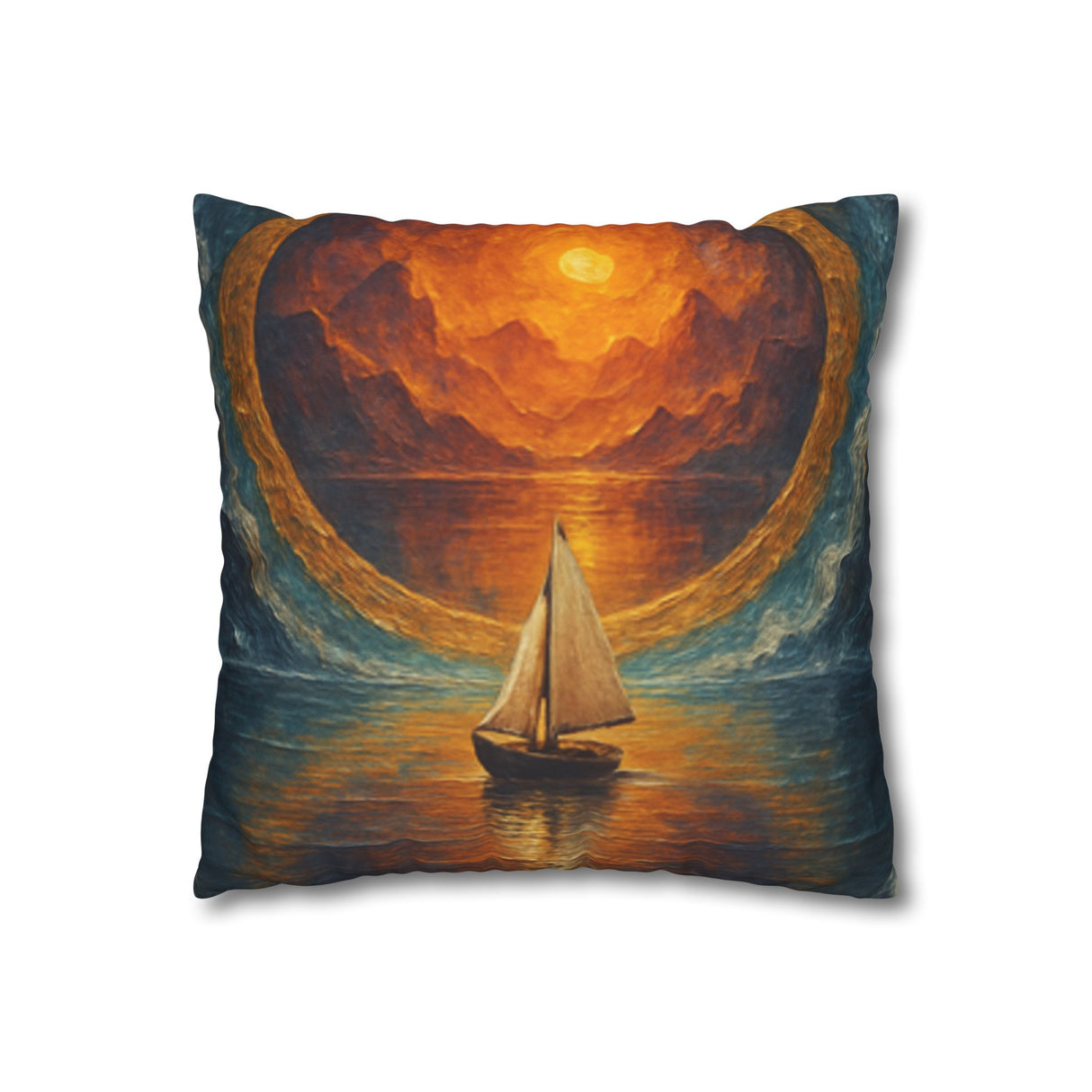 Lifestyle shot of the Sailboat Sunset Decorative Pillow - Nautical Dreamscape Square Cushion 16" × 16" placed on a cozy couch, enhancing the nautical decor.