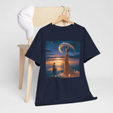 Romantic Moonlit Couple T-Shirt — Sunset Fantasy Illustration Tee prominently featuring its artistic design, perfect for summer evenings.