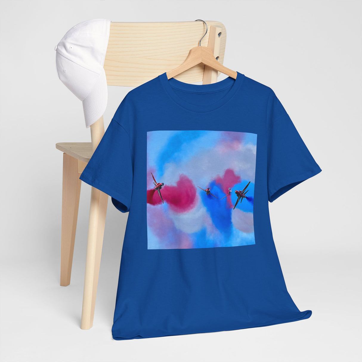 Aerial Smoke Display Tee — Blue & Pink Airshow Pilots T‑Shirt displaying colorful planes and smoke, perfect for casual outings.
