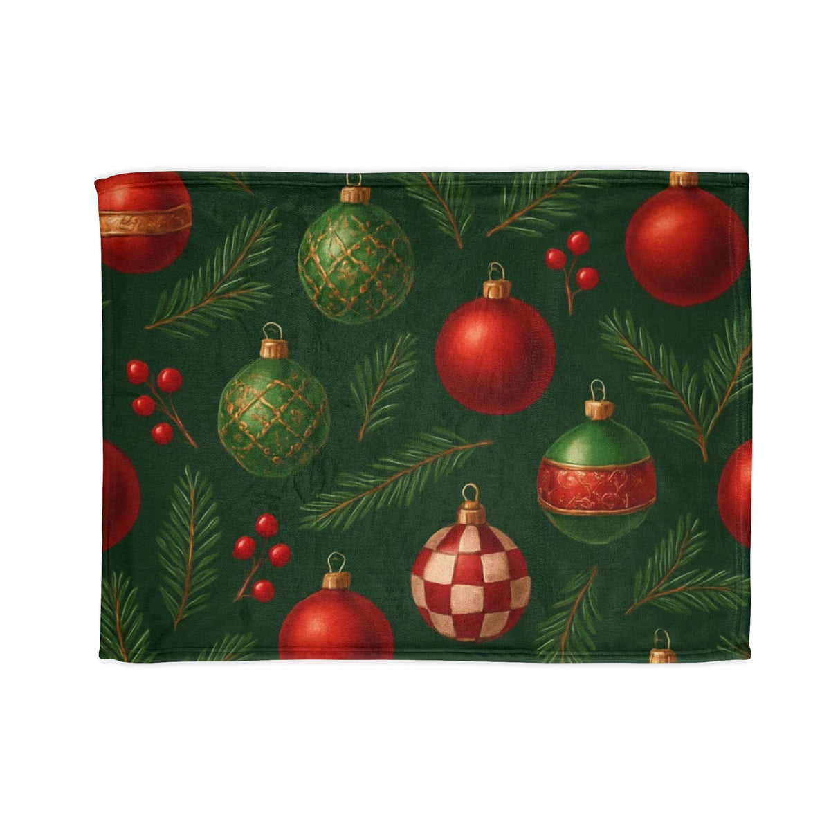 Close-up of the lush, velvety fleece of the Christmas ornament holiday blanket showcasing vibrant colors and vintage ornament design.