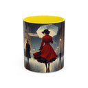 Elegant Red Dress Coffee Mug with a vibrant artistic city landscape, perfect for gifting on special occasions.