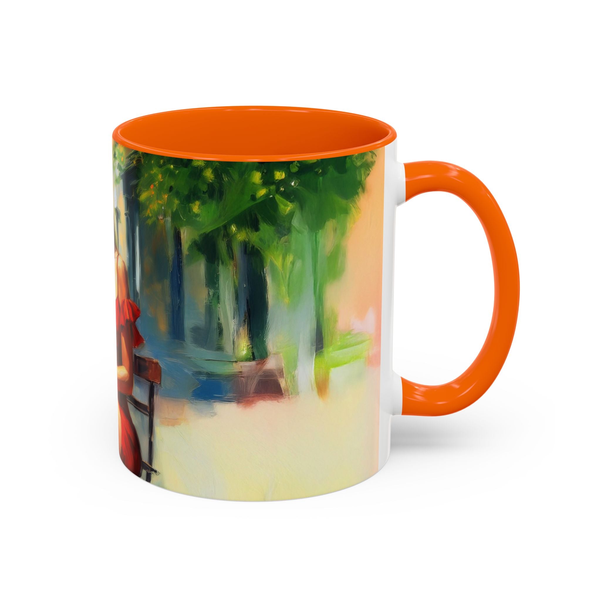 Artistic Red Dress Accent Coffee Mug - 11oz surrounded by colorful coasters, perfect for coffee lovers