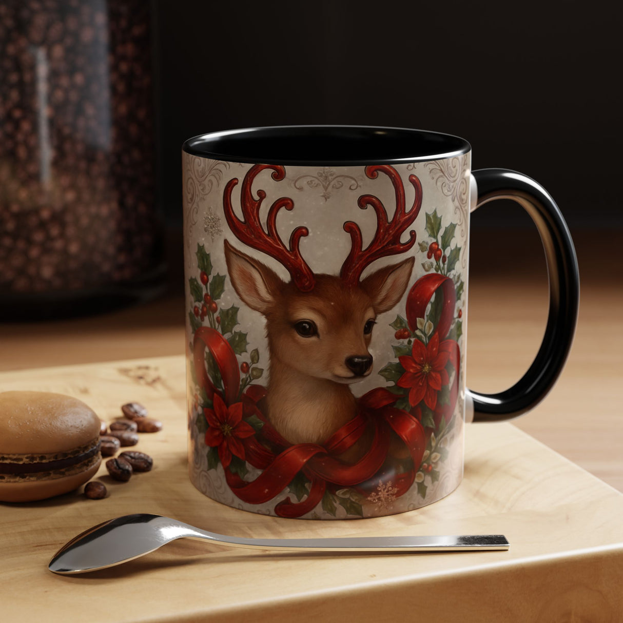 Close-up view of the Christmas Reindeer Coffee Mug featuring vibrant colors and glossy finish.