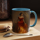 Fiery Goddess Accent Coffee Mug filled with coffee, displaying the cinematic storytelling art.