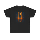 Surreal Portal Moon Tee held up to emphasize its unique graphic design and medium-weight cotton.