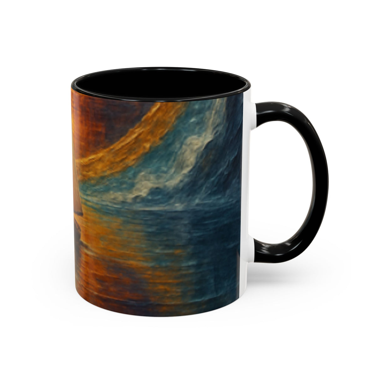 The Sail into the Sun Ceramic Coffee Mug held in hands, illustrating its comfortable grip and artistic design.