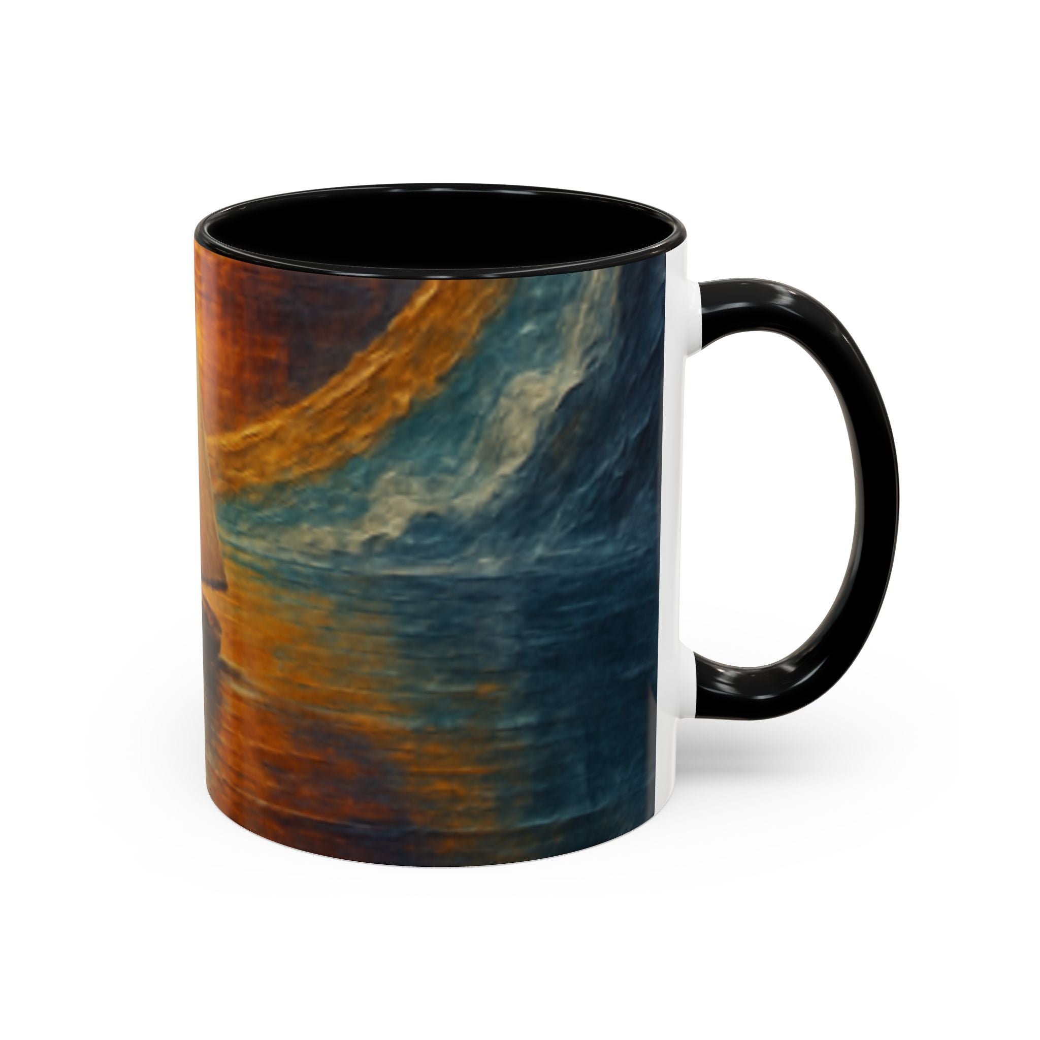 The Sail into the Sun Ceramic Coffee Mug held in hands, illustrating its comfortable grip and artistic design.