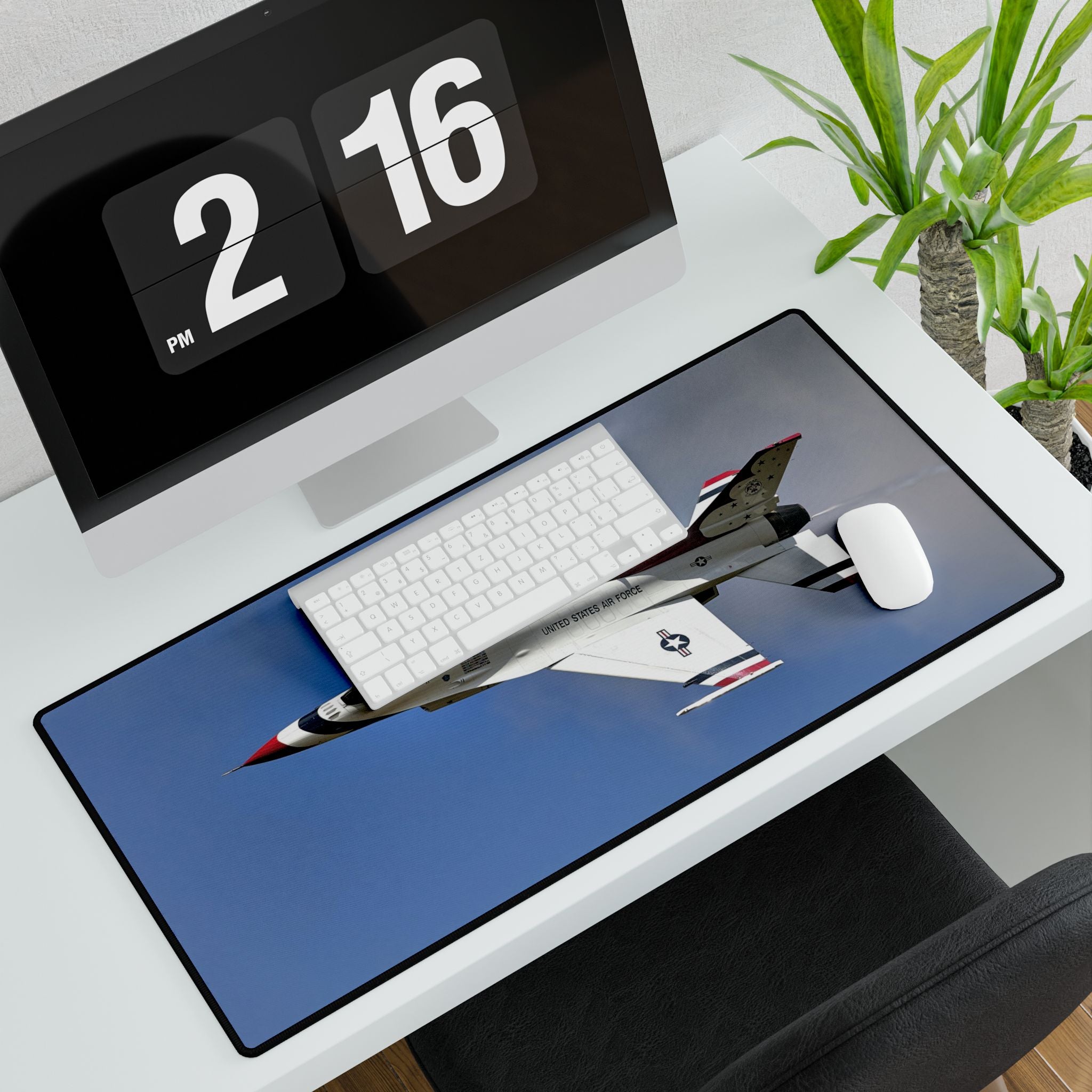 Close-up of USAF Fighter Jet Desk Mat featuring smooth surface and anti-fray edges, ideal workspace accessory.