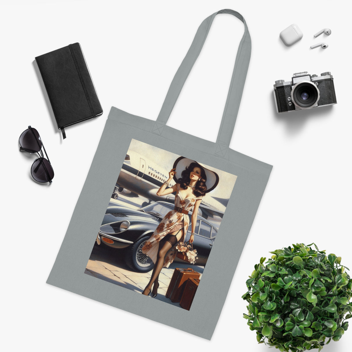 Vintage Jetsetter Cotton Tote Bag showcased in a casual outdoor scene, emphasizing comfort and style.