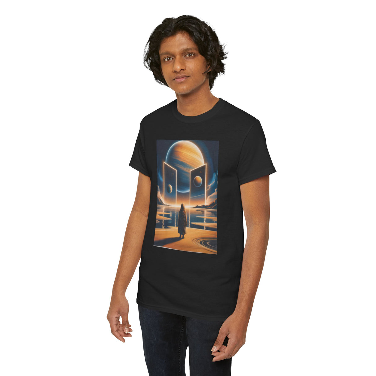Side view of the Cosmic Gateway T-Shirt worn casually outdoors, emphasizing its versatile style.