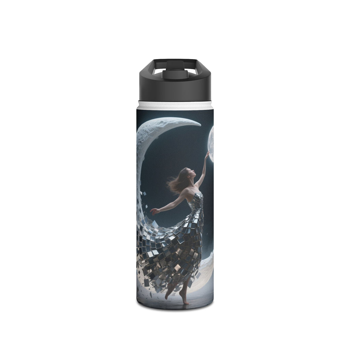 Vibrant artwork on the Sunset Cove Stainless Steel Water Bottle featuring a peaceful tide pool under a soft orange sunset.