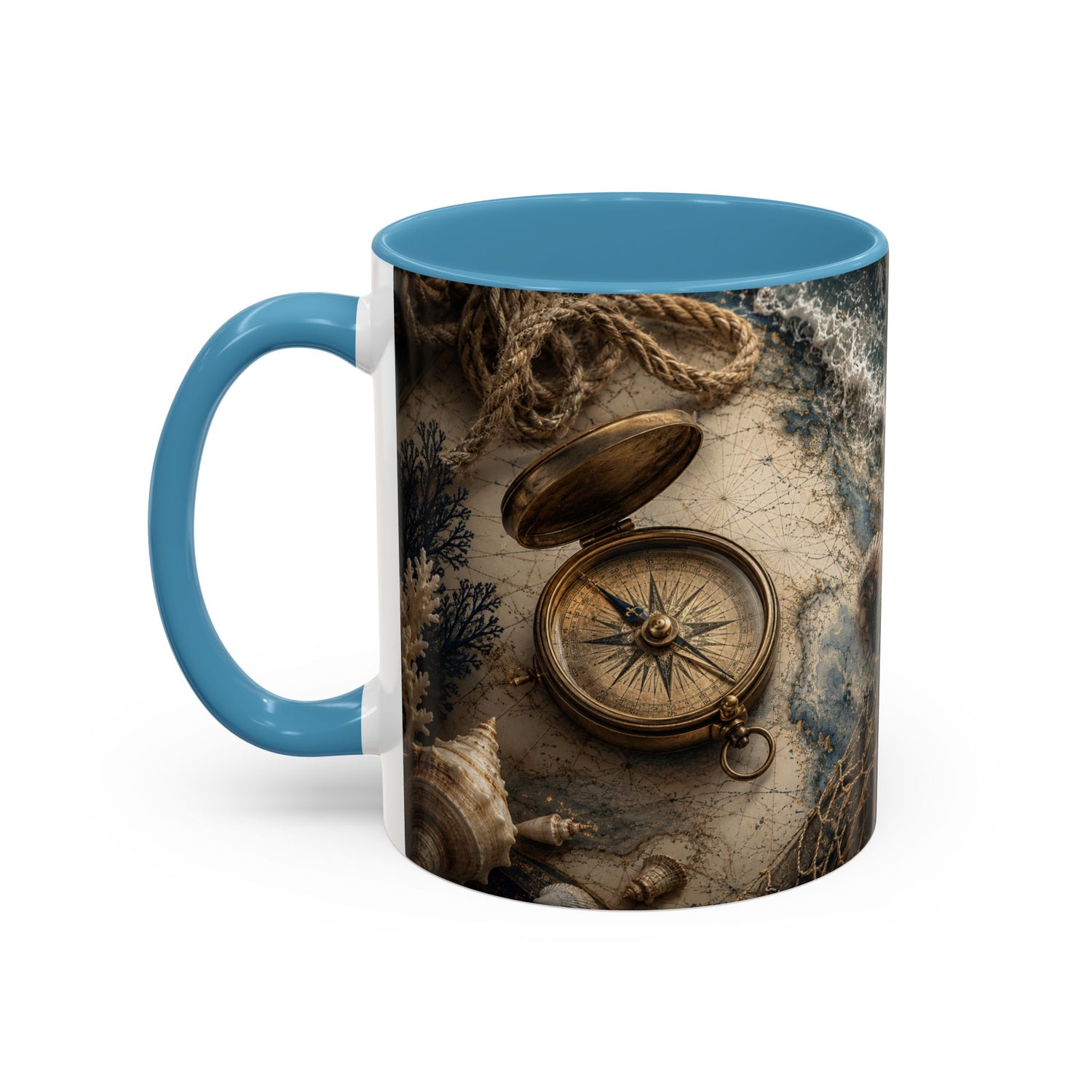 Nautical Compass Accent Coffee Mug – Vintage Sea Shells &amp; Compass Travel Design (11oz)