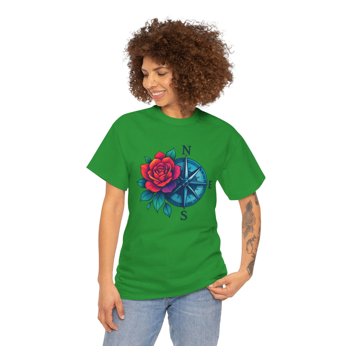  Compass Rose Tee — Red Rose Nautical Compass Graphic T-Shirt being worn during outdoor activities.