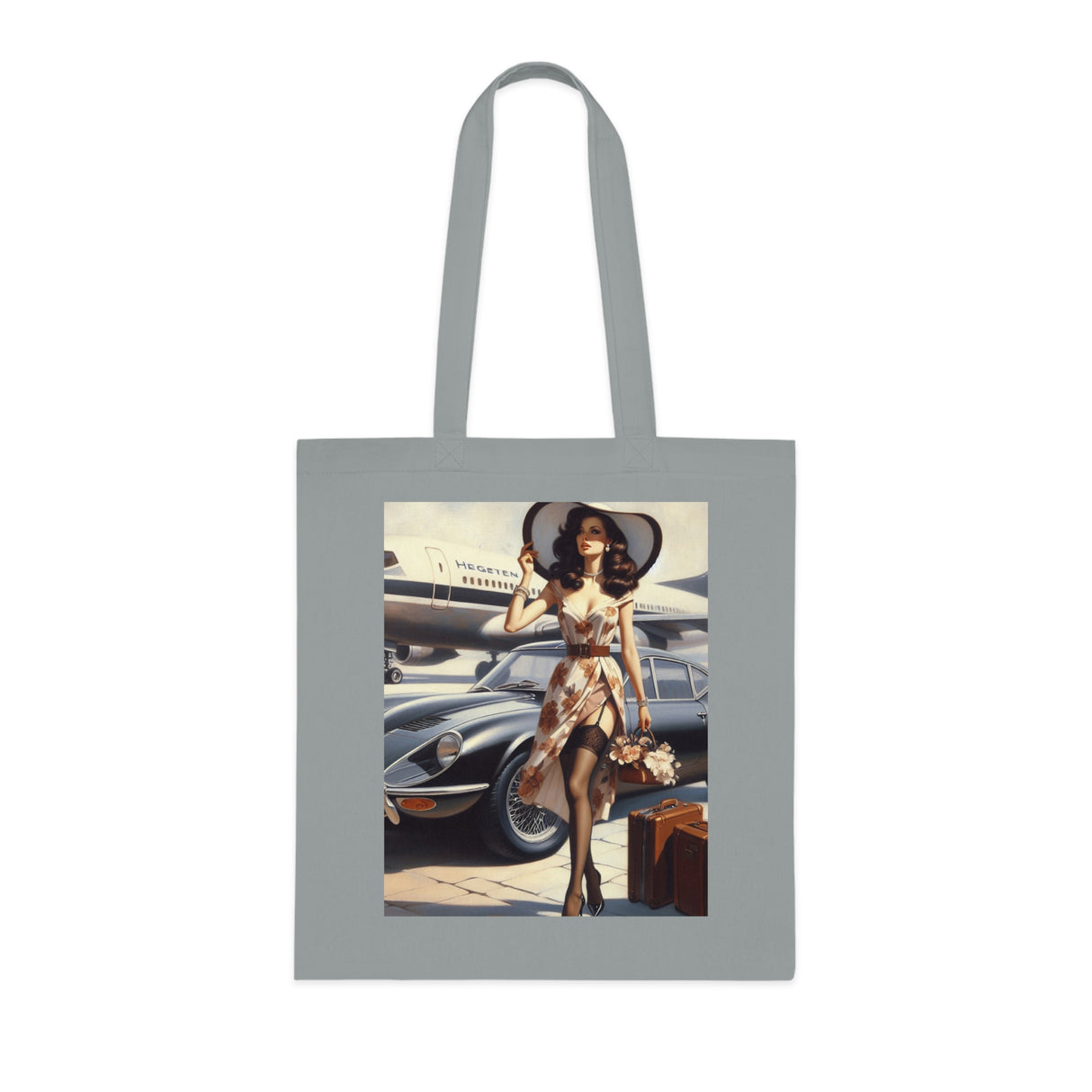 Model carrying the Vintage Jetsetter Cotton Tote Bag, highlighting its fashionable design and portability.