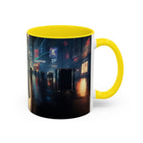 Elegant Urban Nightlife Coffee Mug against a floral backdrop, emphasizing its stylish and vibrant design.