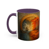 Autumn Portal Coffee Mug set in front of a window at sunrise, capturing tranquil vibes.