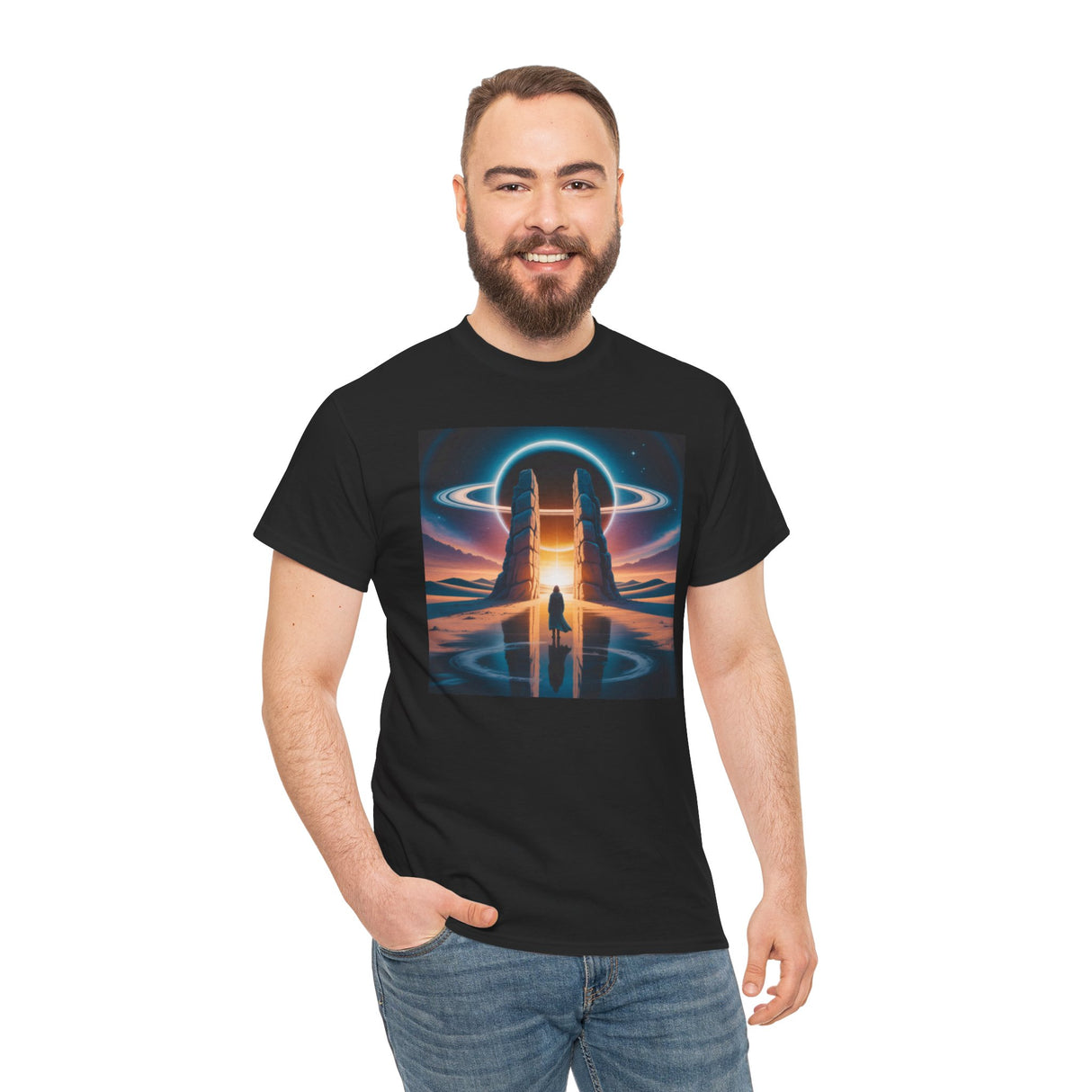 The Sci-Fi Gateway T-Shirt displayed folded, showcasing its vibrant graphic next to a pair of jeans.