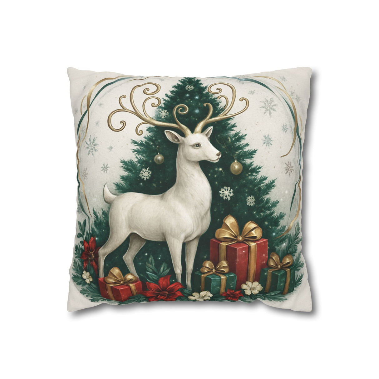 Double-sided print of the Christmas Reindeer Pillowcase showing a cozy holiday scene, suitable for sofas and armchairs.