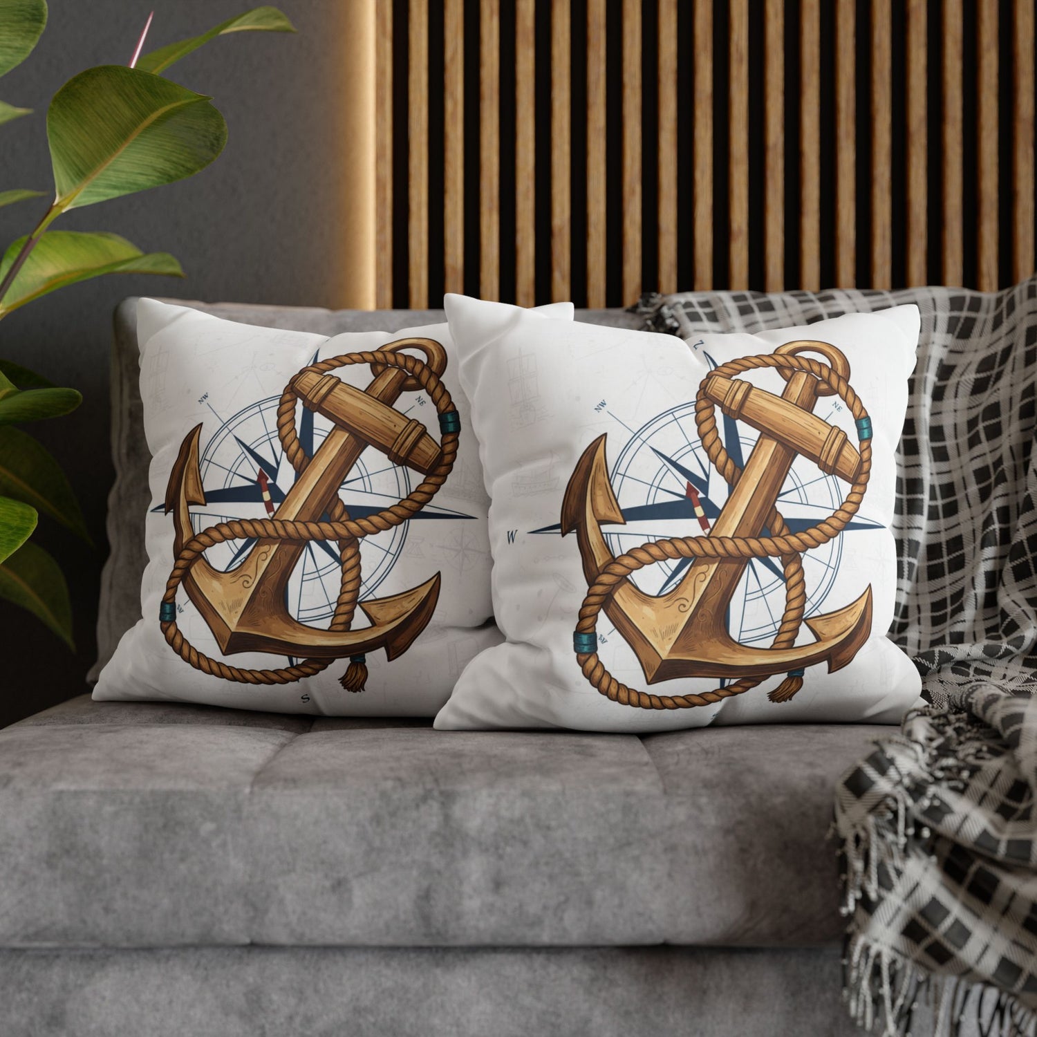 Nautical Anchor &amp; Compass Square Pillowcase — Coastal Sailor Decorative Throw Pillow