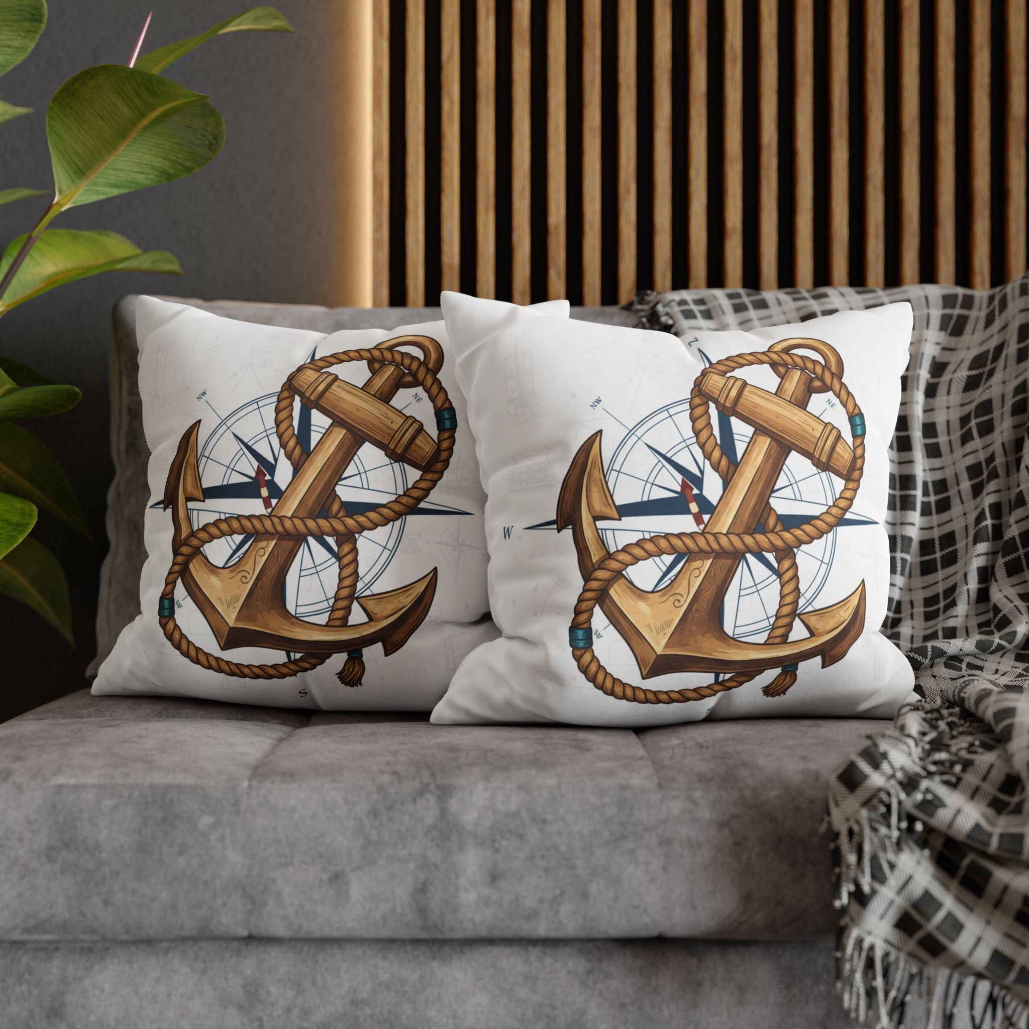 Nautical Anchor &amp; Compass Square Pillowcase — Coastal Sailor Decorative Throw Pillow