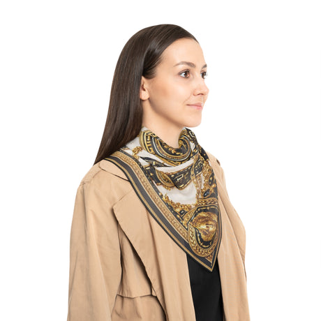 Baroque Medallion Poly Scarf - Vintage Baroque Vibe showcasing rich gold chains and medallions against a deep black and ivory background.