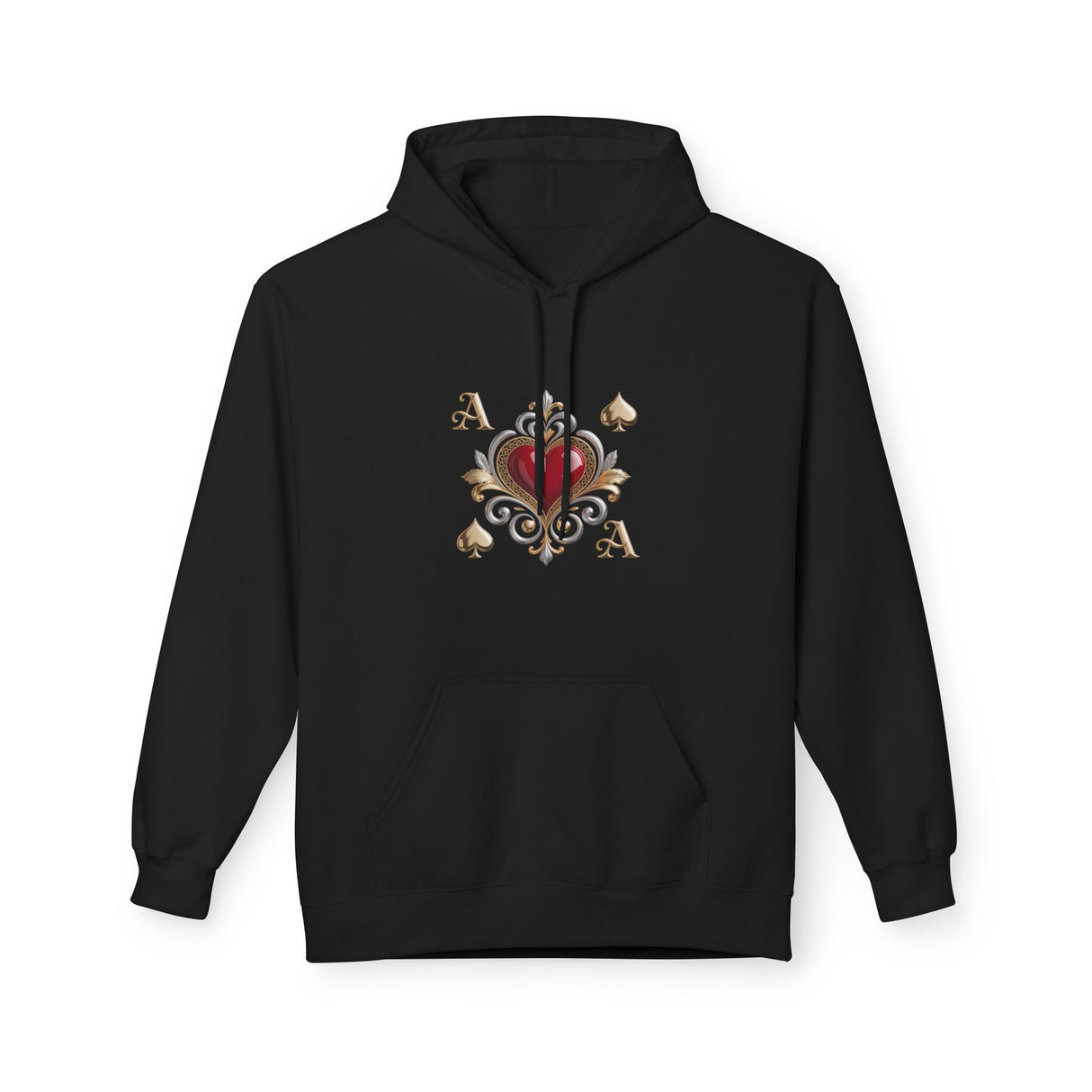 Close-up of the jersey-lined hood of the Ace of Hearts Decorative Hoodie, designed for extra warmth.