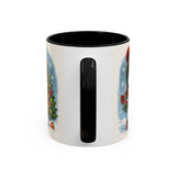 Christmas Snowman Coffee Mug featuring colorful illustrations of a snowman and Christmas tree, ideal for winter drinks.