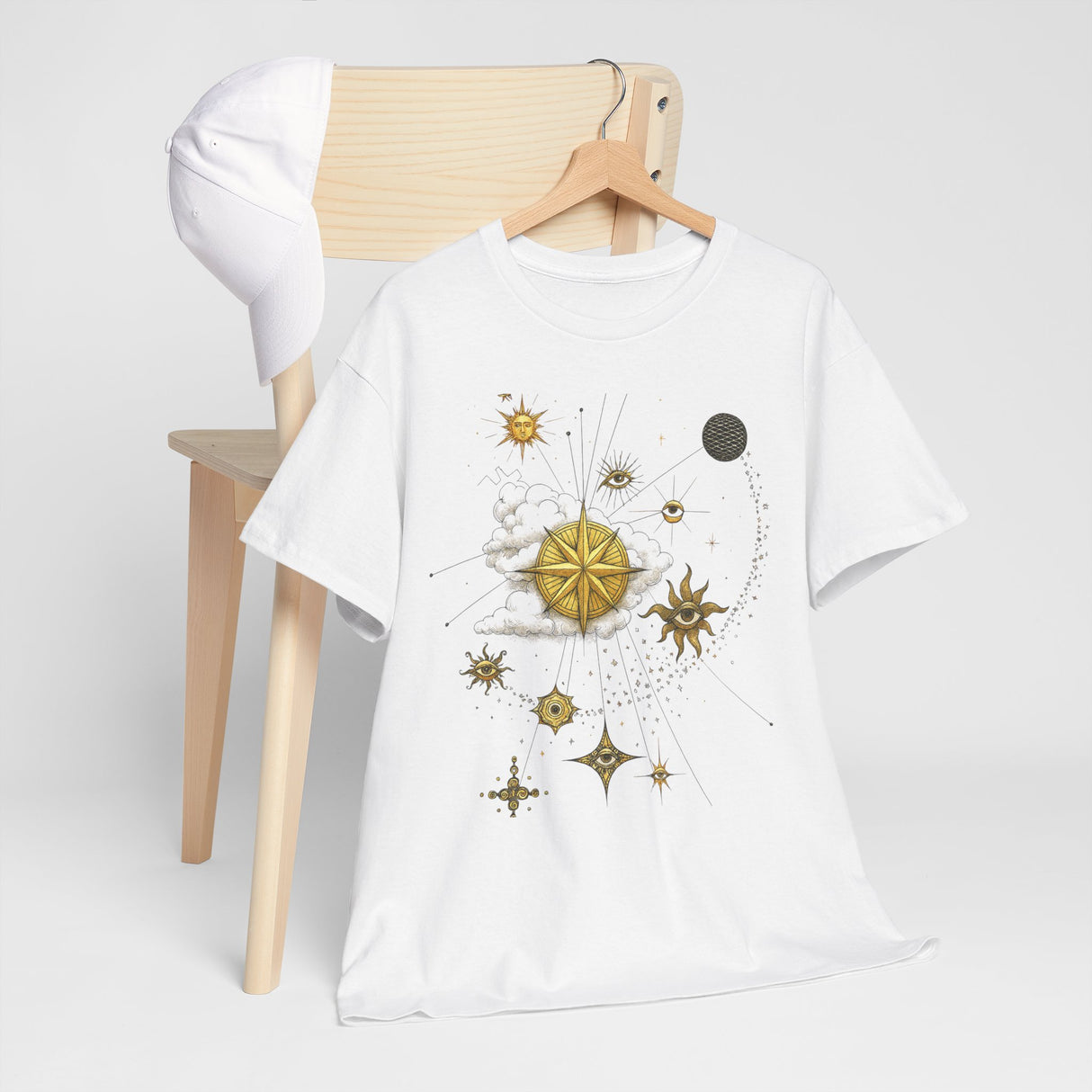 Celestial Compass Tee — Gold Star & Moon Astrology Graphic Shirt with a whimsical astrology print adding charm to a simple outfit.