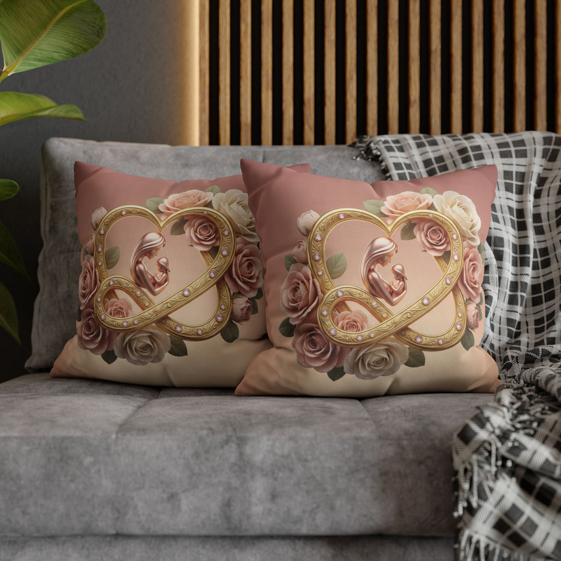 Mother &amp; Baby Heart Decorative Pillowcase — Floral Rose Infinity Design