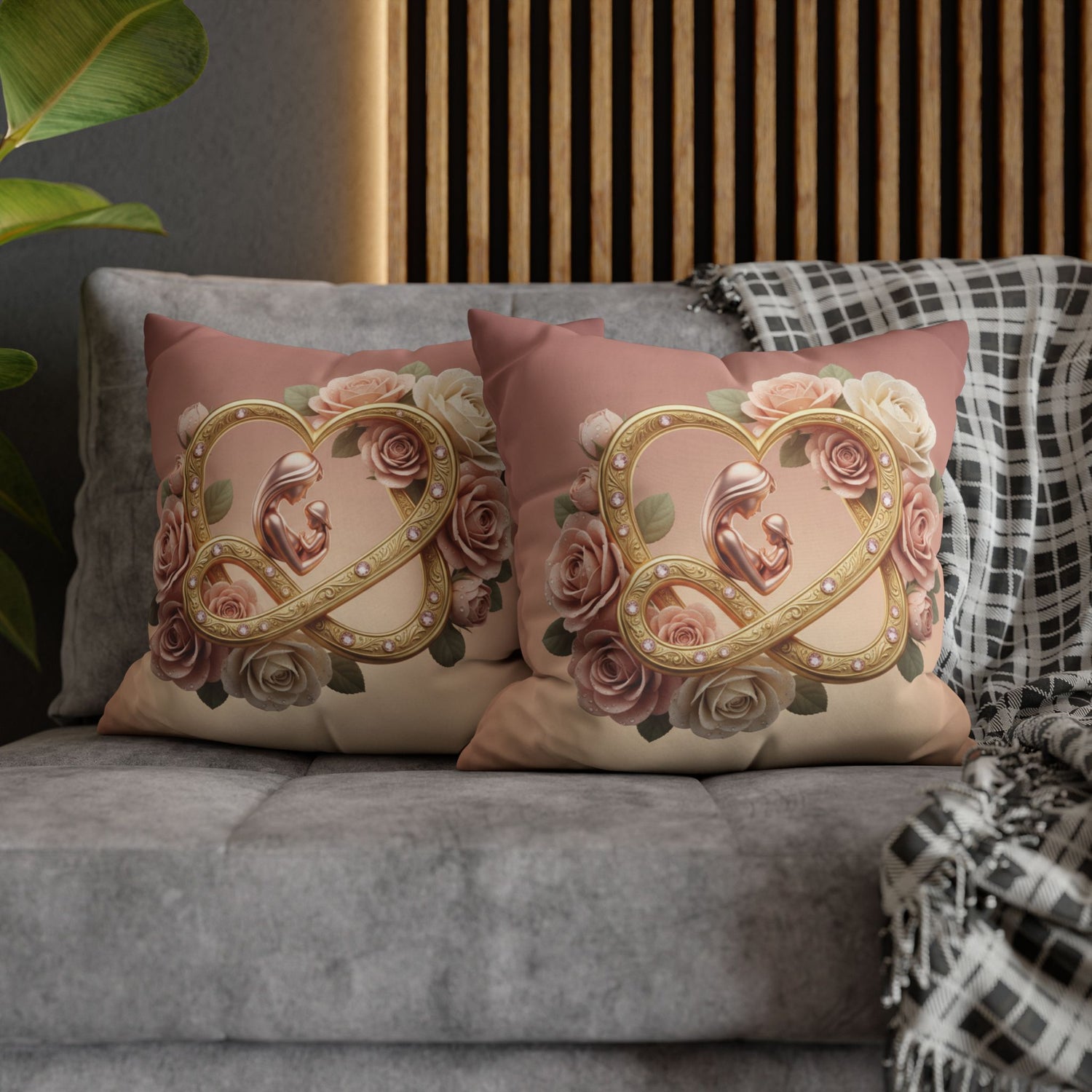 Mother &amp; Baby Heart Decorative Pillowcase — Floral Rose Infinity Design