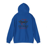 Fly Bold Hoodie being worn at a hangar meetup, representing aviation lifestyle.