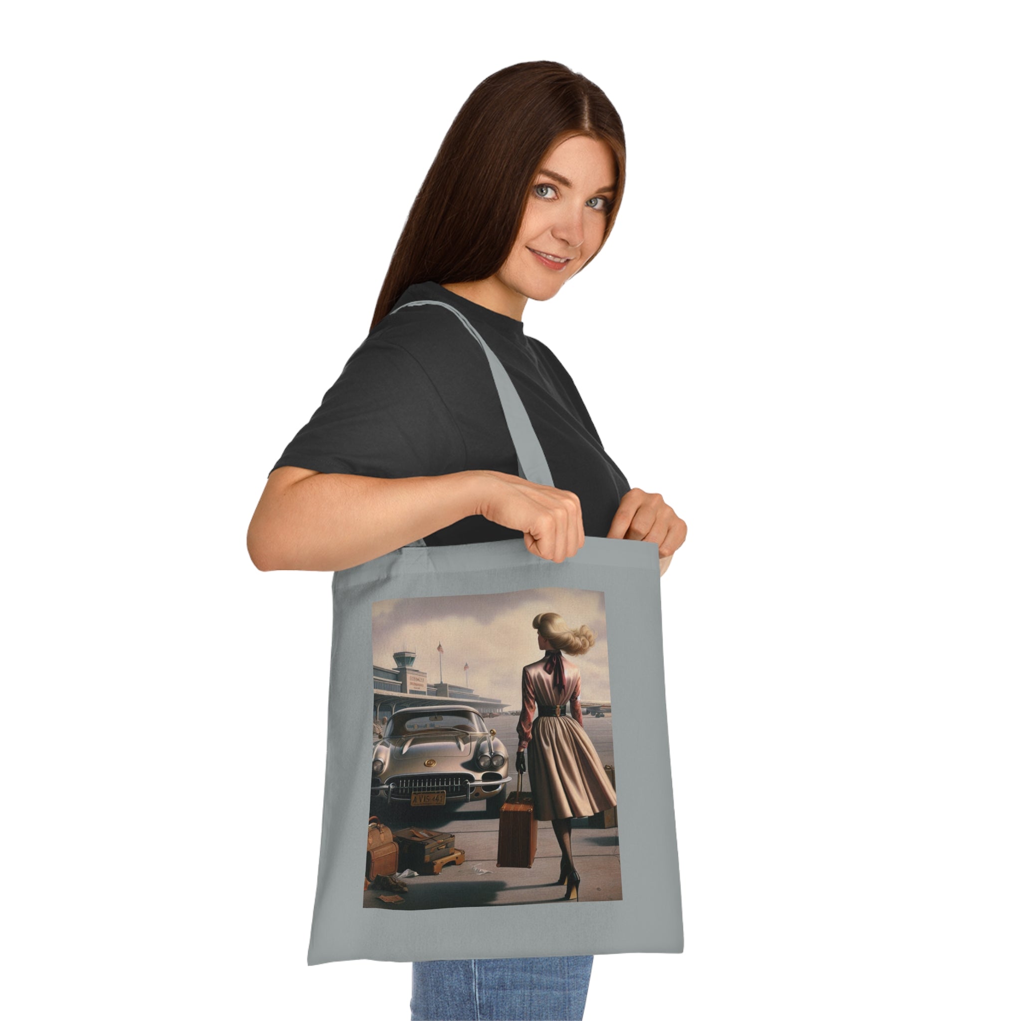 Vintage Travel Cotton Tote Bag in use at a beach day or picnic.