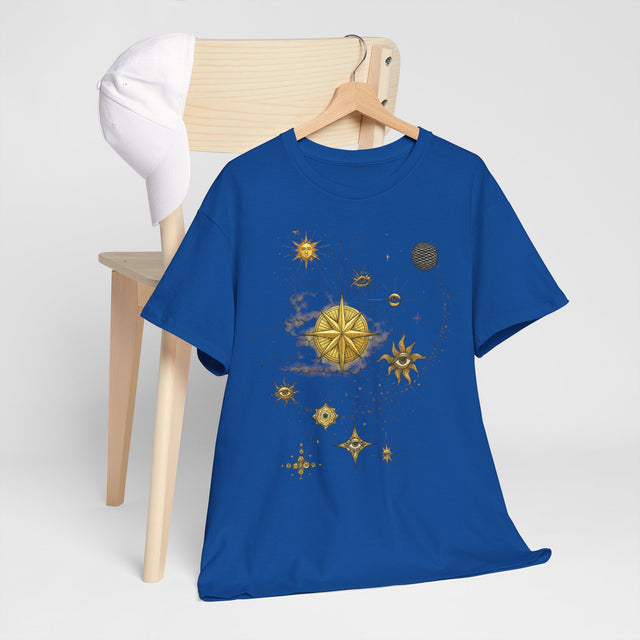 Celestial Compass Tee — Gold Star & Moon Astrology Graphic Shirt showing the front design with gold stars and moons.