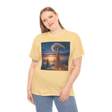 Romantic Moonlit Couple T-Shirt — Sunset Fantasy Illustration Tee labeled with care instructions and product details for better understanding.