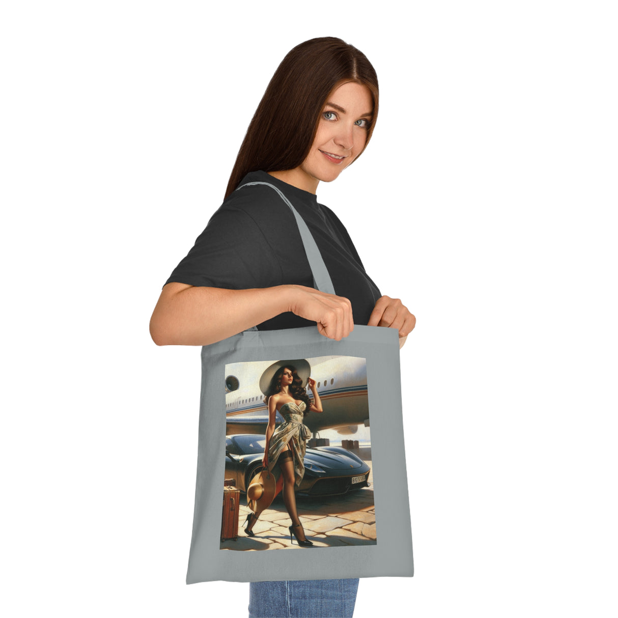 Chic Travel Cotton Tote Bag in a travel setting, perfect for jetsetters seeking style.