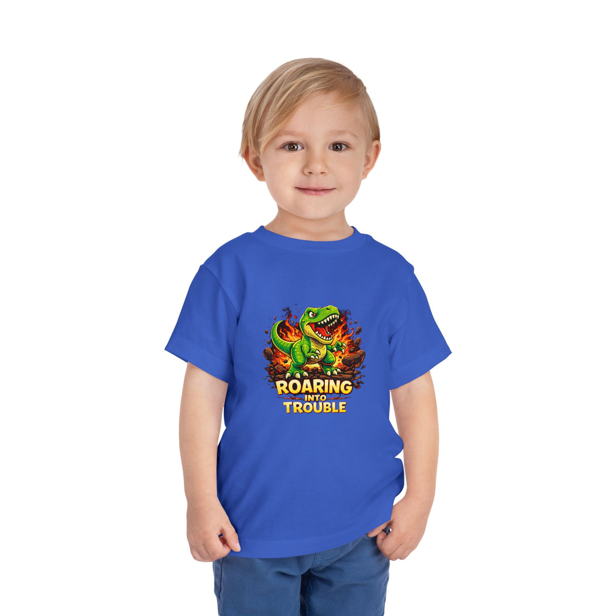 Toddler Tee — "Roaring Into Trouble" Dinosaur Graphic Shirt