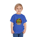 Toddler Tee — "Roaring Into Trouble" Dinosaur Graphic Shirt
