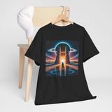 Flat lay of the Sci-Fi Gateway T-Shirt displaying retro cosmic portal art and size guide.