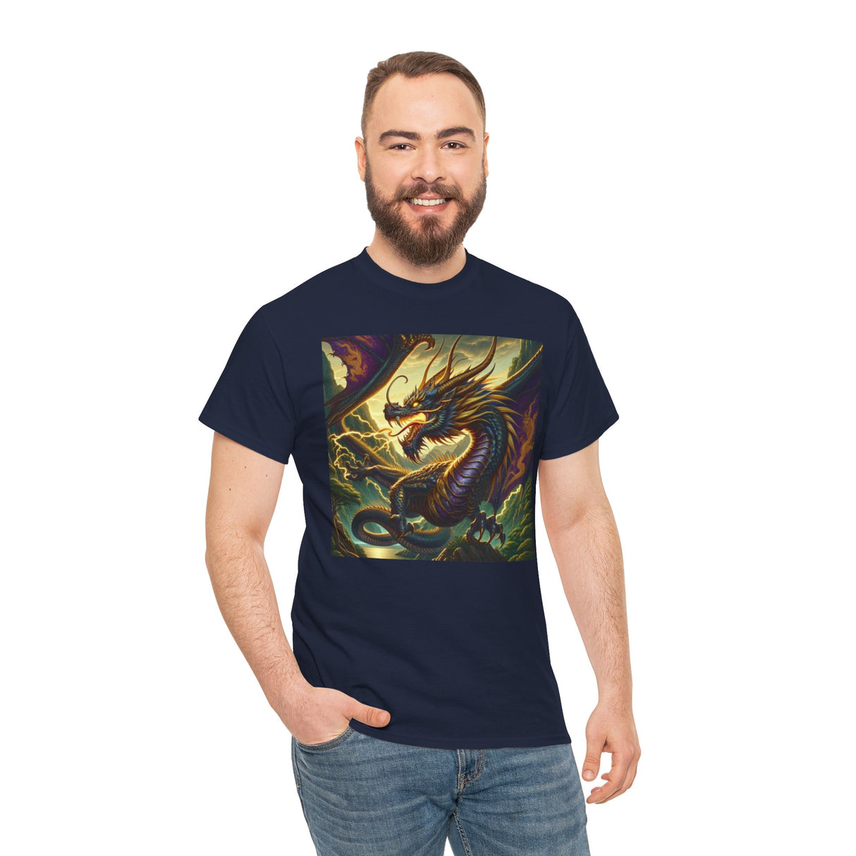 Dragon Compass Graphic Tee with a picturesque background, emphasizing its artistic and mythical design.