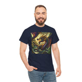 Dragon Compass Graphic Tee with a picturesque background, emphasizing its artistic and mythical design.