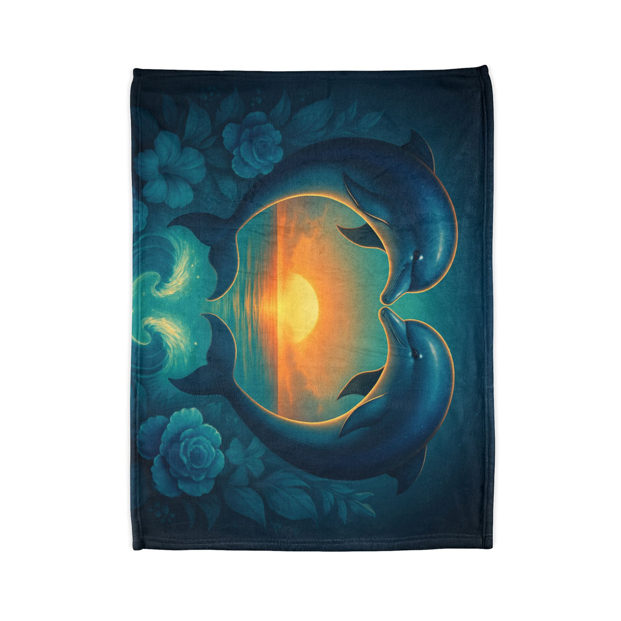 Dolphin Heart Sunset Blanket — Cozy Ocean Sunset Throw with bright colors and a plush feel, ideal for beach lovers.