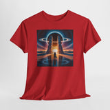 Artistic view of the Sci-Fi Gateway T-Shirt being modeled, featuring retro cosmic portal artwork.