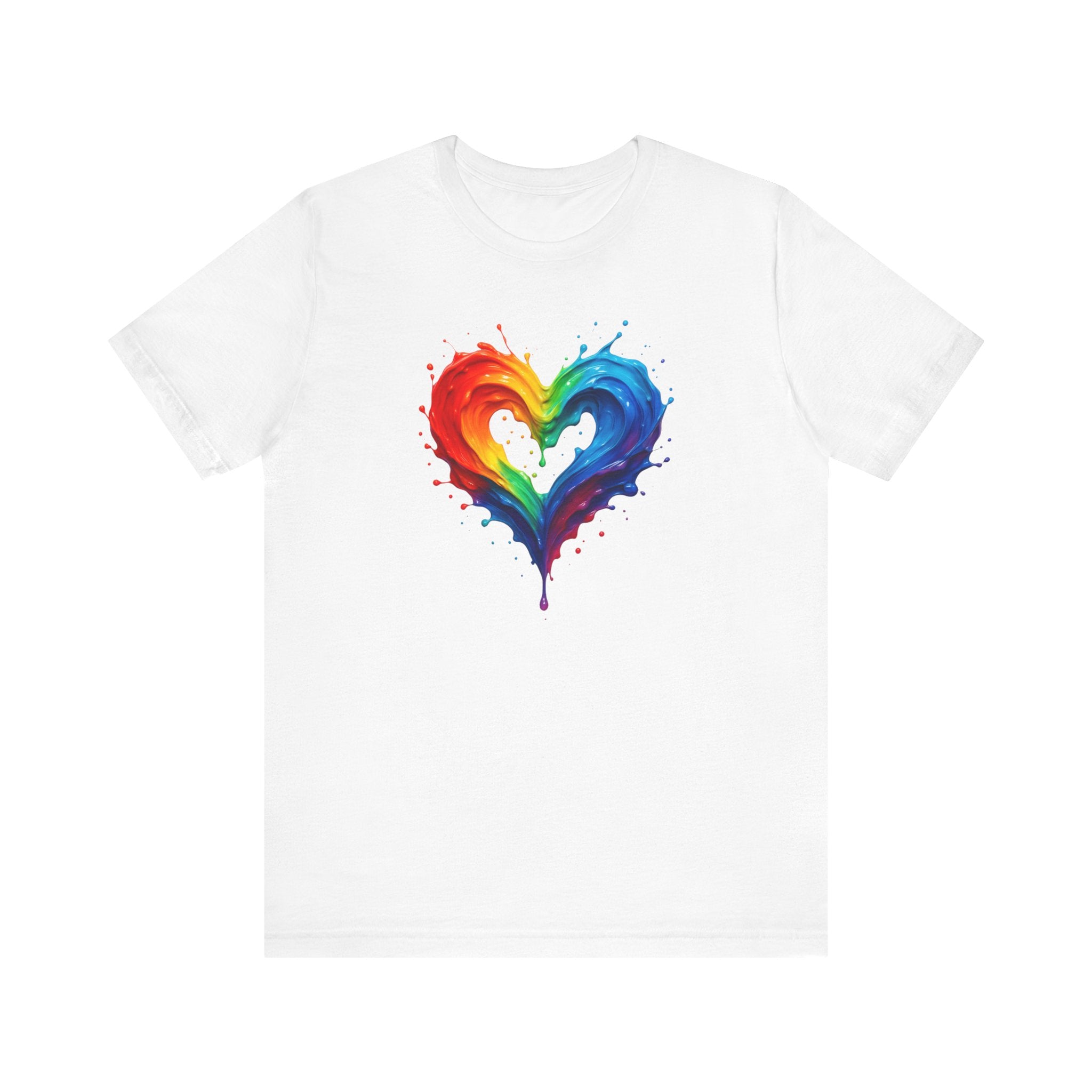 Rainbow Heart Ladies Shirt Jersey Short Sleeve Tee - Product features highlighted on a close-up image.
