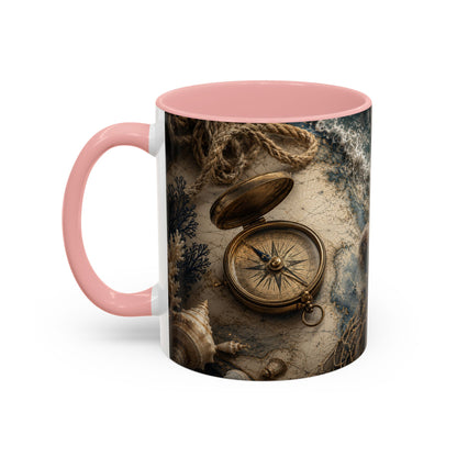 Nautical Compass Accent Coffee Mug – Vintage Sea Shells &amp; Compass Travel Design (11oz)