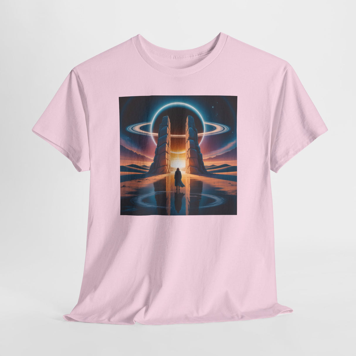 Detailed image of the printing quality on the Sci-Fi Gateway T-Shirt with cosmic art.